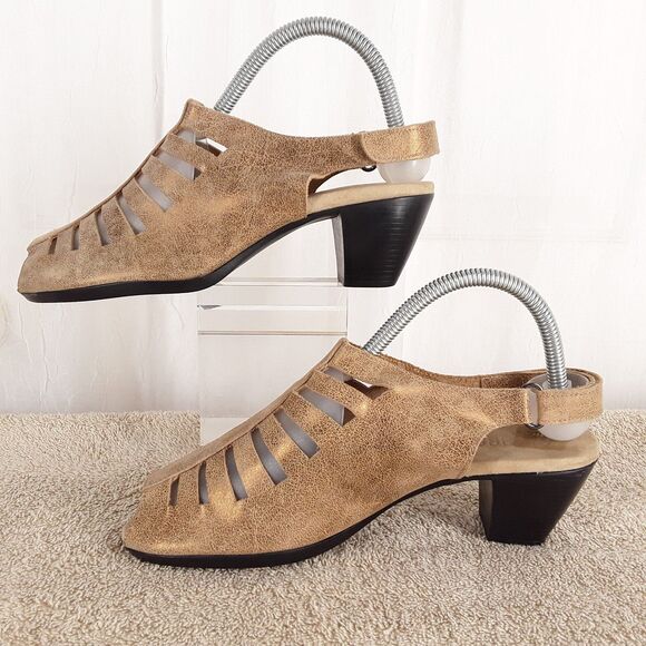 MUNRO Slingback Sandals sz 9W, Abby, Metallic/Gold Leather, Peep Toe Heels Shoes - Picture 4 of 12